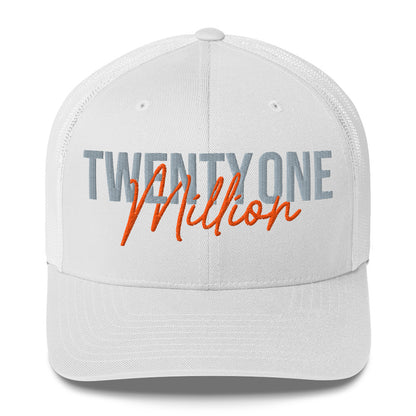 White cap with 'TWENTY ONE MILLION' text on a white background