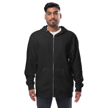 Man wearing a black zip-up hoodie on a white background