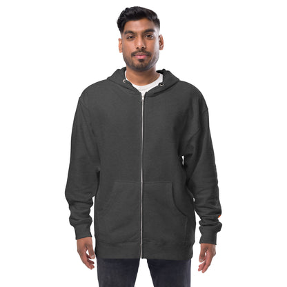 Man wearing a dark gray zip-up hoodie on a white background