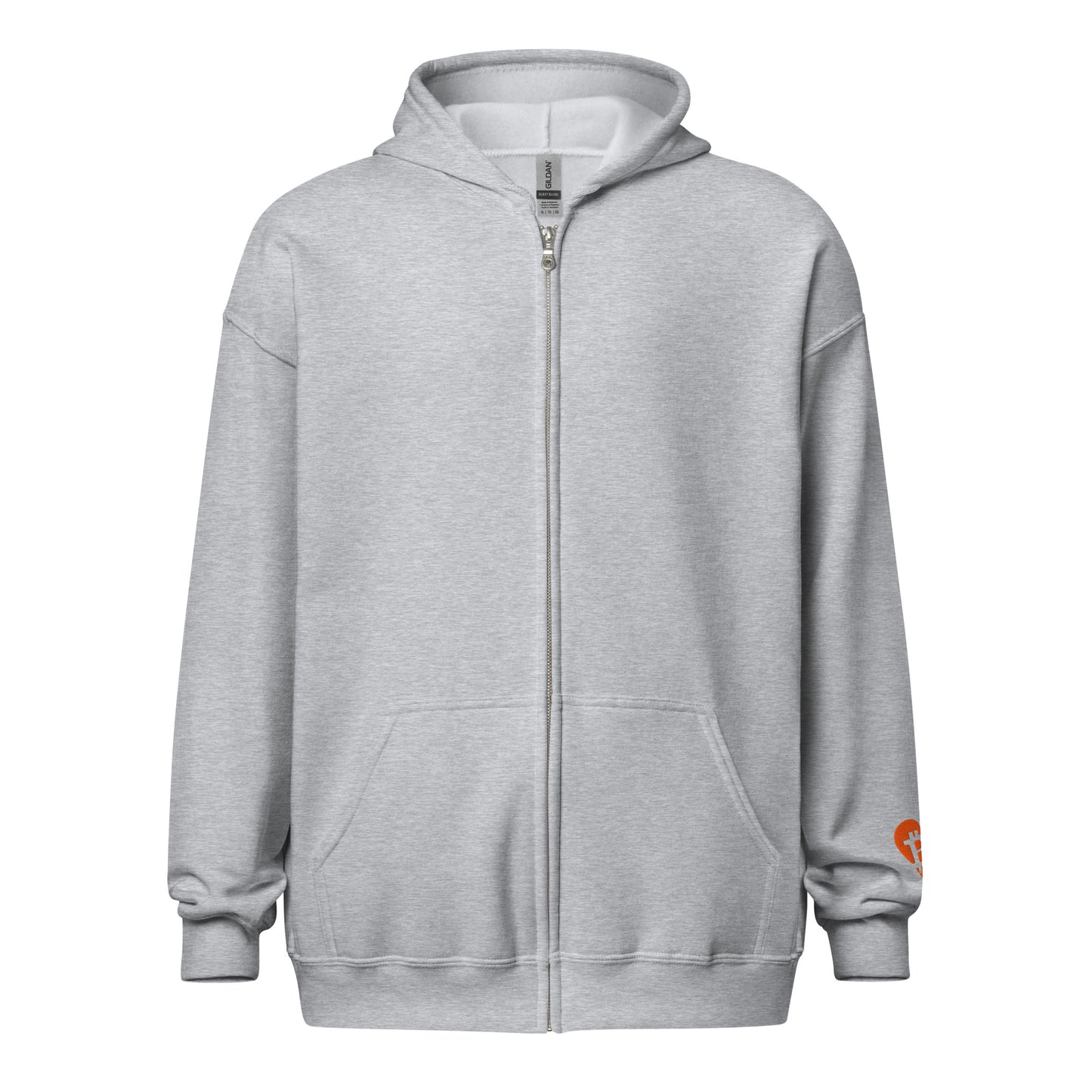Gray hoodie with a brand logo on a white background