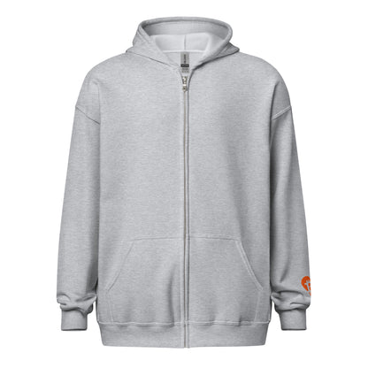 Gray hoodie with a brand logo on a white background