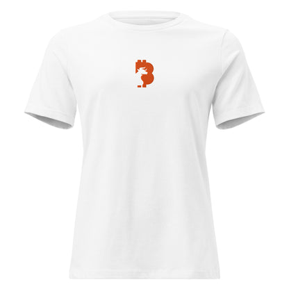 White t-shirt with a orange bitcoin bull  logo on a white background