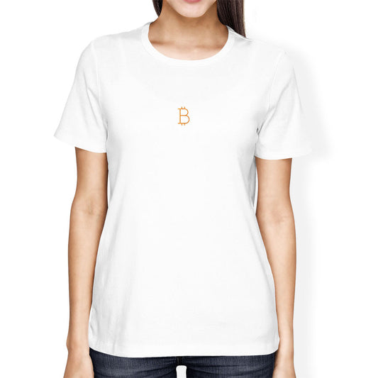 white t-shirt with small bitcoin symbol embroidered on the chest
