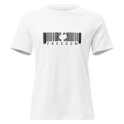 White t-shirt with a barcode design and 'FREEDOM' text on a white background