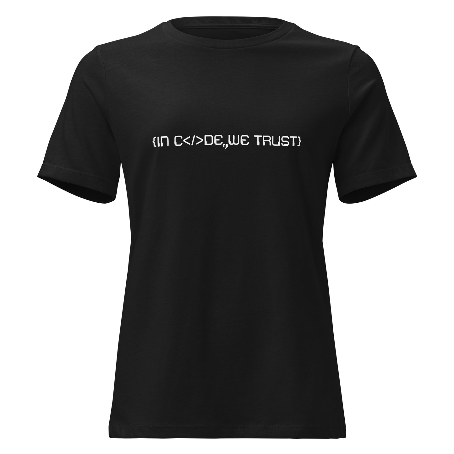 Black t-shirt with white text in code we trust on a white background