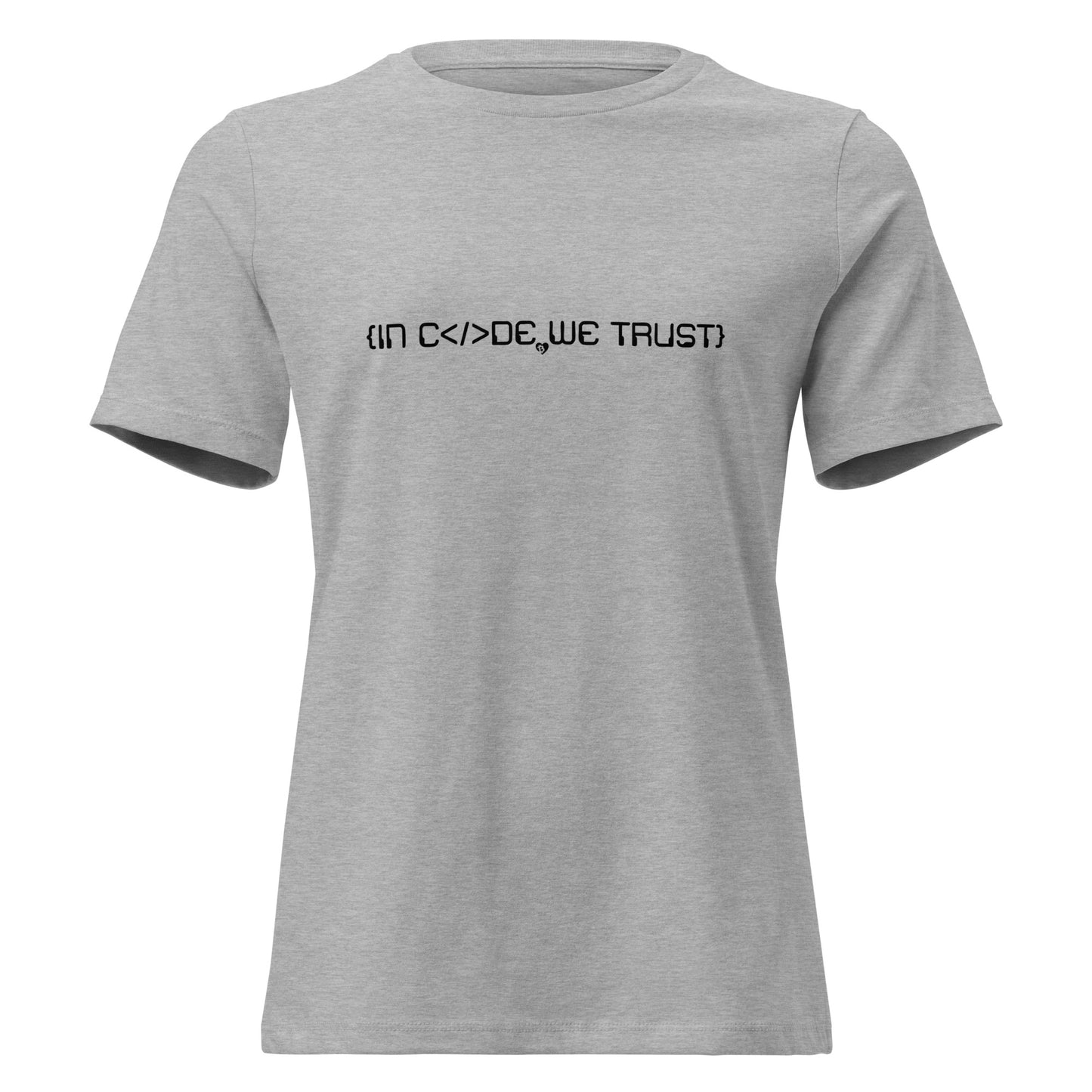 Gray t-shirt with black text in code we trust on a white background