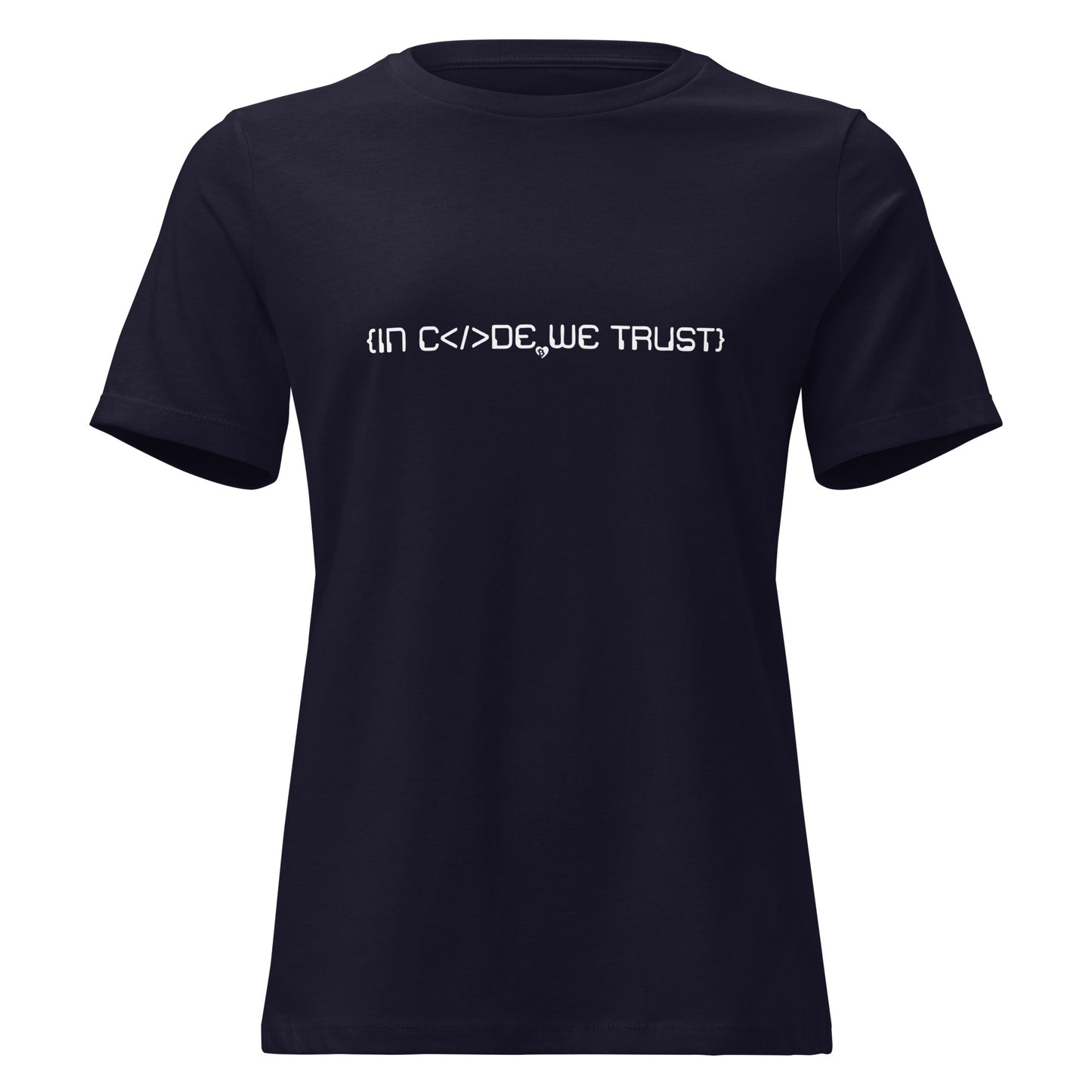 Black t-shirt with white text in code we trust on a white background