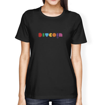 Black t-shirt with colorful 'BITCOIN' text worn by a person on a white background